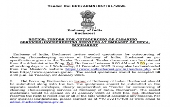 TENDER FOR OUTSOURCING OF CLEANING SERVICES/HOUSEKEEPING SERVICES AT EMBASSY OF INDIA, BUCHAREST